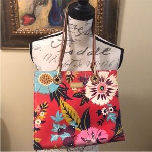 Spartina 449 Textured linen leather straps floral footed shoulder tote bag